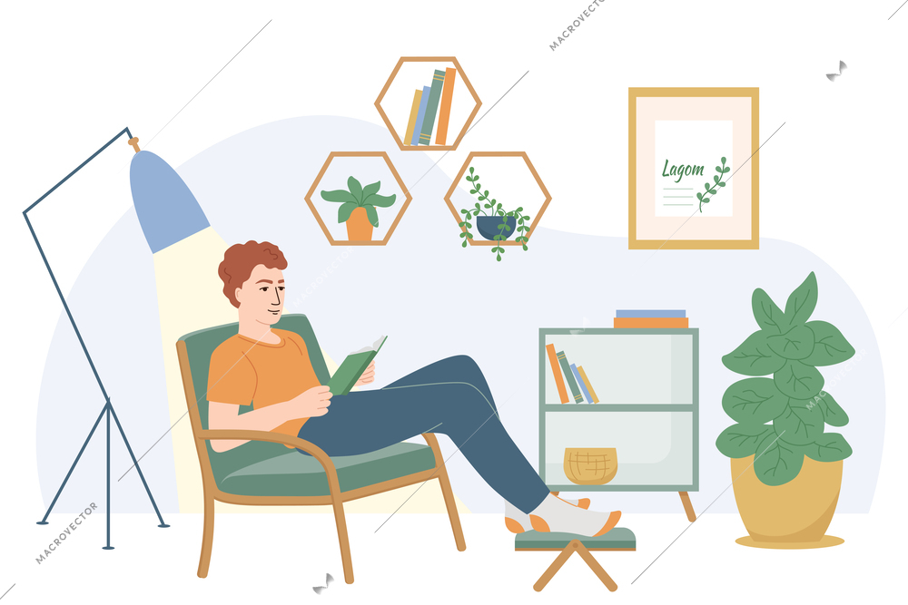 Lagom life flat composition with indoor interior scenery room decorations plants and sitting guy reading book vector illustration