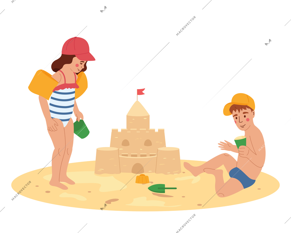 Sun protection flat background composition with view of two kids and sand castle with shovel bucket vector illustration