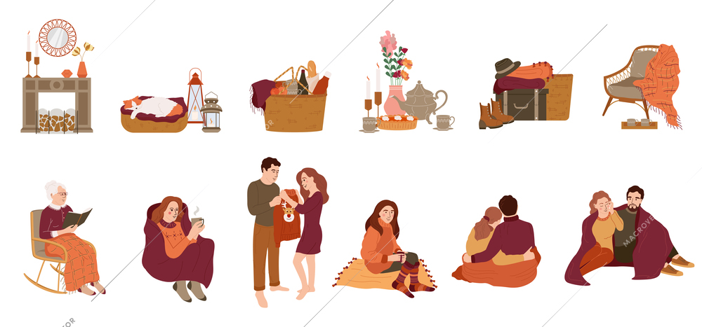 Hugge lifestyle set of flat icons with isolated compositions of cozy interiors and relaxing human characters vector illustration