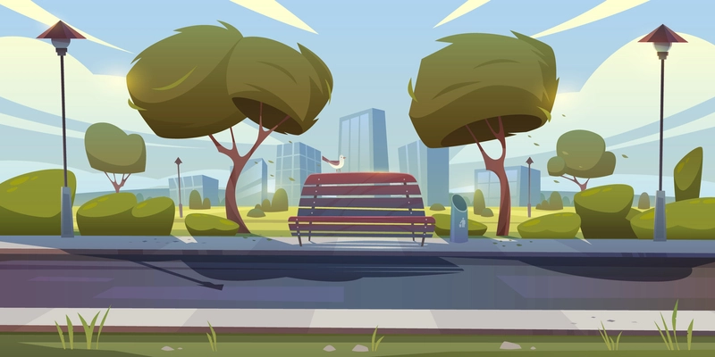 City park lane with front view of bench bird green trees and cityscape in background cartoon vector illustration