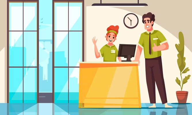 Teenager boy and girl at first work as salesperson cartoon vector illustration