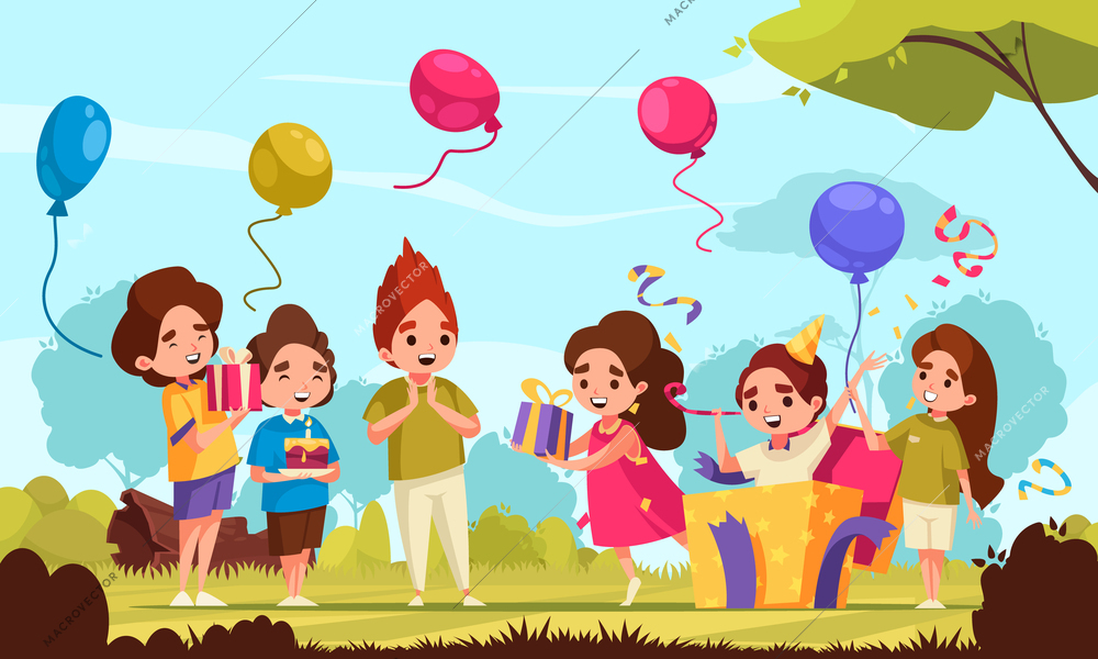 Celebration holiday scene with children opening presents cartoon vector illustration