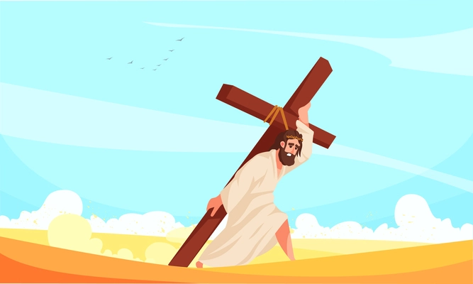 Holy Bible story of Jesus Christ carrying the cross cartoon vector illustration