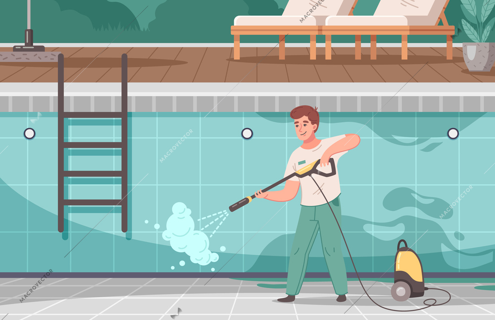 Swimming pool service cartoon background with male character cleaning walls and pool bottom of dirt vector illustration
