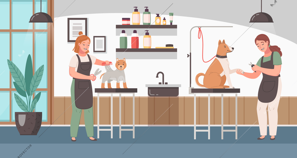 Barber shop for animals cartoon background with two female specialists engaged with pets vector illustration