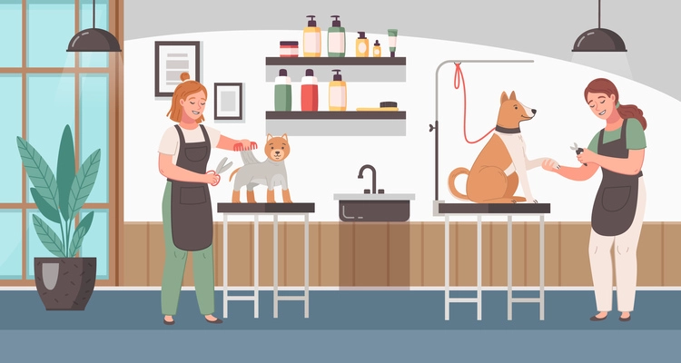 Barber shop for animals cartoon background with two female specialists engaged with pets vector illustration