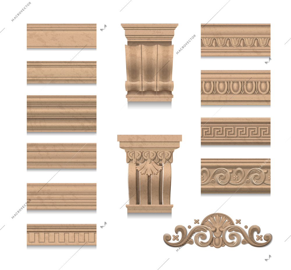 Wooden realistic elements of wall decoration in classic stile so as cornice skirting pillar decor  isolated vector illustration