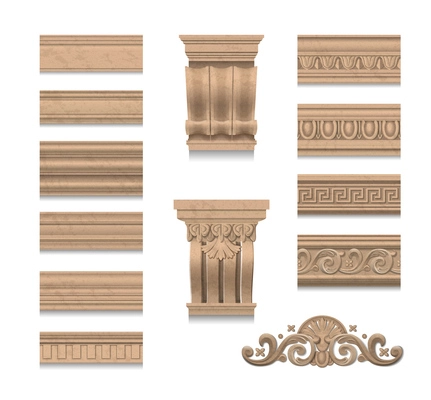 Wooden realistic elements of wall decoration in classic stile so as cornice skirting pillar decor  isolated vector illustration
