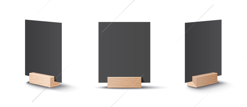 Black place cards on wooden holders from three different angles realistic set isolated on white background vector illustration