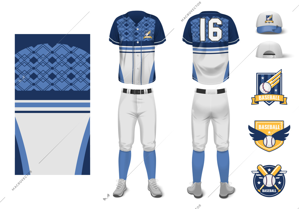 Elements of baseball jersey uniform realistic mockup with headwear and logo badges isolated vector illustration