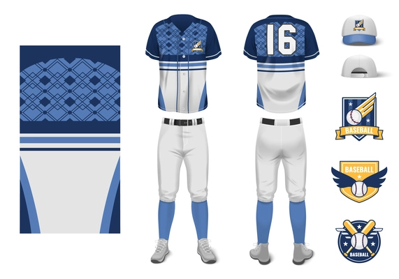 Elements of baseball jersey uniform realistic mockup with headwear and logo badges isolated vector illustration