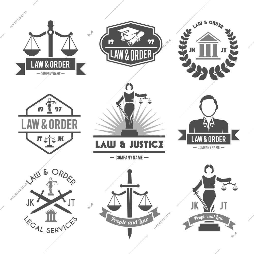 Law order and crime preventing lady justice symbols collection black graphic labels pictograms set isolated vector illustration