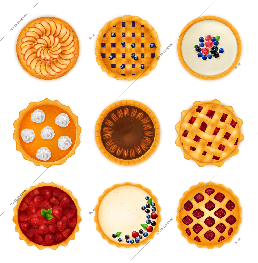 Realistic baking cakes pies set with top view images of confectionery products buns with various toppings vector illustration