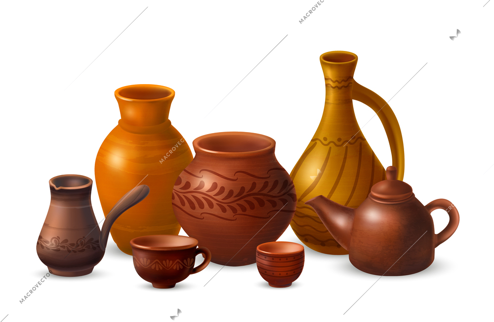 Realistic clay kitchenware composition with set of various pieces of dishware with jars pots and cups vector illustration