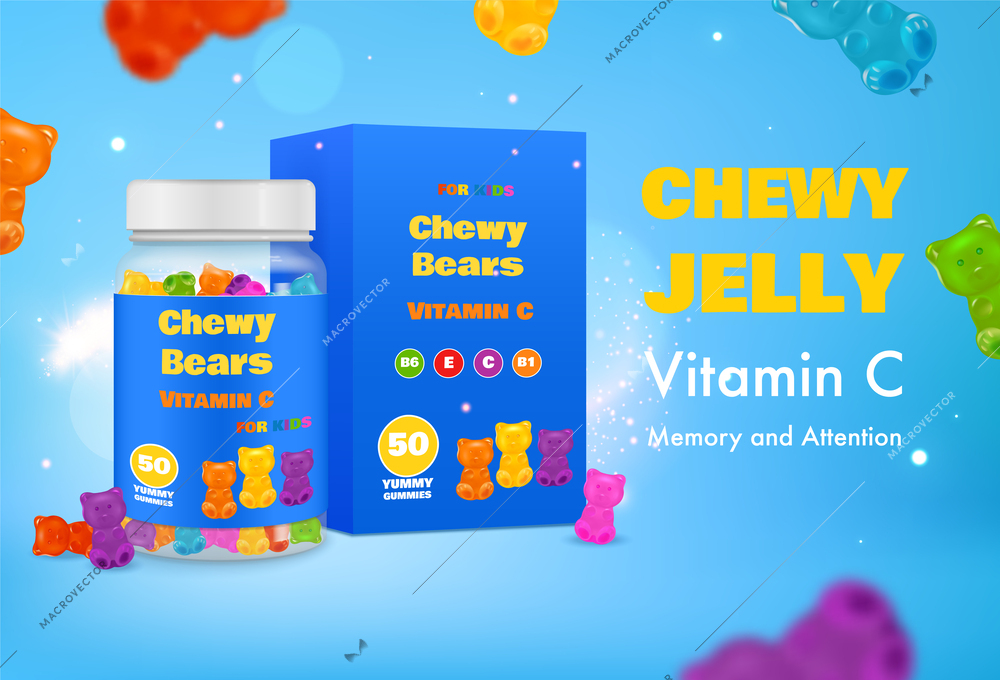 Realistic chewy jelly vitamin poster background with product packages editable text and flying bear shaped candies vector illustration