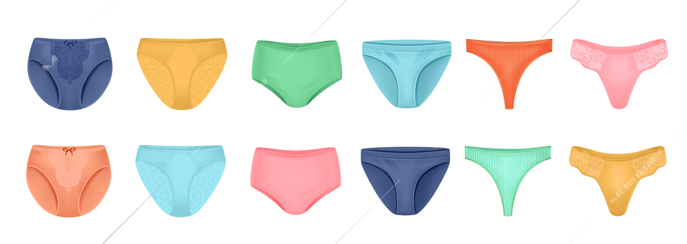 Set with isolated realistic images of women panties of different shape and color on blank background vector illustration