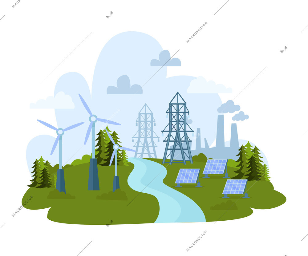 Renewable and nonrenewable resources flat composition with electric main smoking pipes windmills solar battery on green grass with trees vector illustration