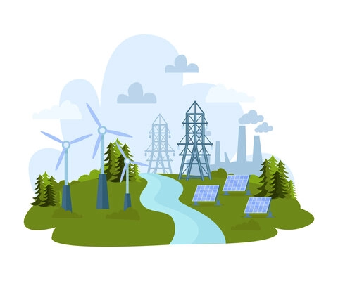 Renewable and nonrenewable resources flat composition with electric main smoking pipes windmills solar battery on green grass with trees vector illustration
