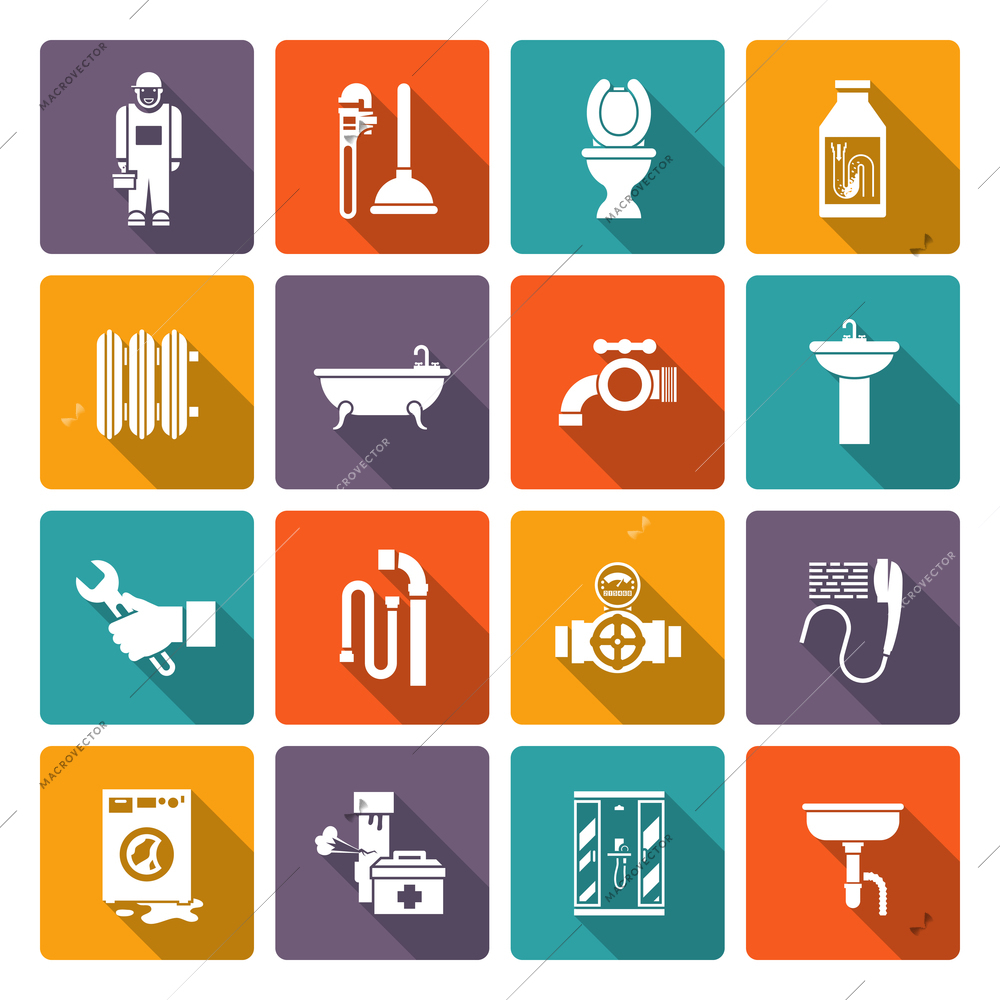 Plumber flat icons collection of bath shower cabin heater system leakage solid color abstract isolated vector illustration