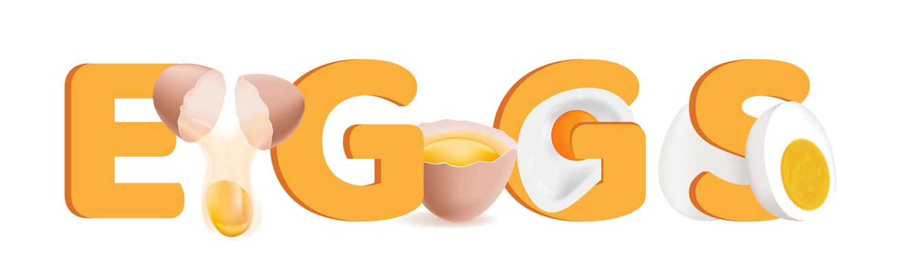 Eggs cook realistic text composition orange big letters boiled and raw eggs vector illustration