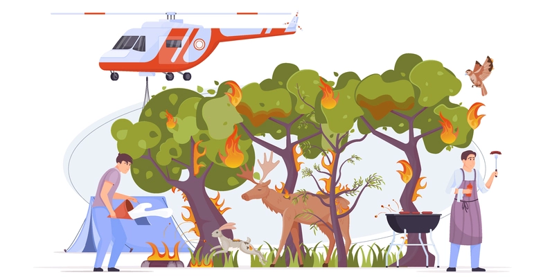 Forest fire flat composition consequences of careless behavior in forest and violation of safety rules of barbecue and forest fires vector illustration