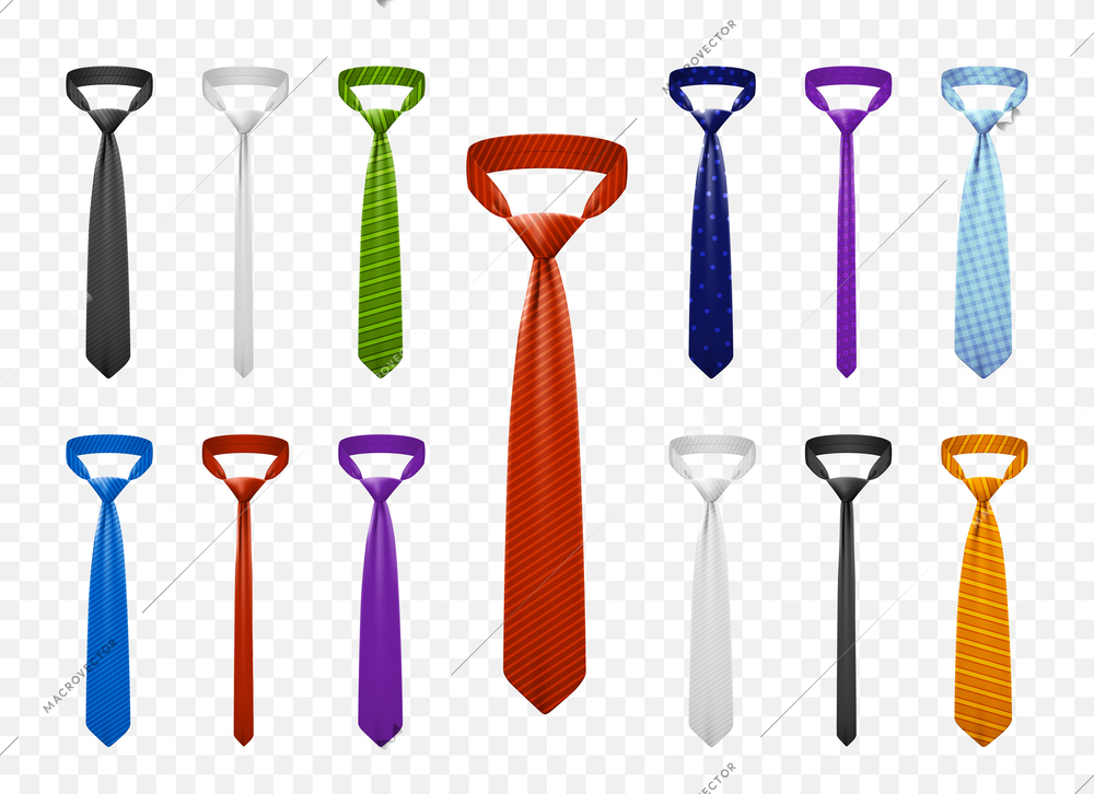 Elegant neckties of different colors realistic set isolated on transparent background vector illustration