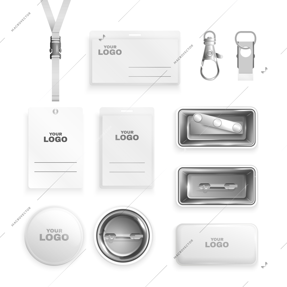 Realistic set of blank metal and paper badges with lanyard and clips isolated vector illustration