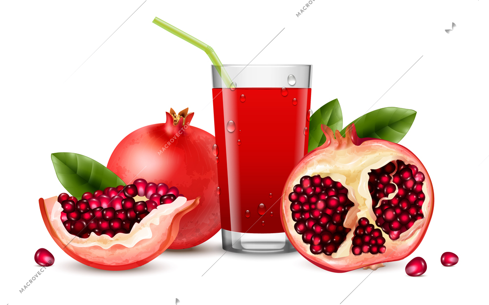 Pomegranate juice concept with orgranic food symbols realistic vector illustration