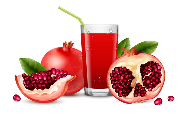 Pomegranate juice concept with orgranic food symbols realistic vector illustration