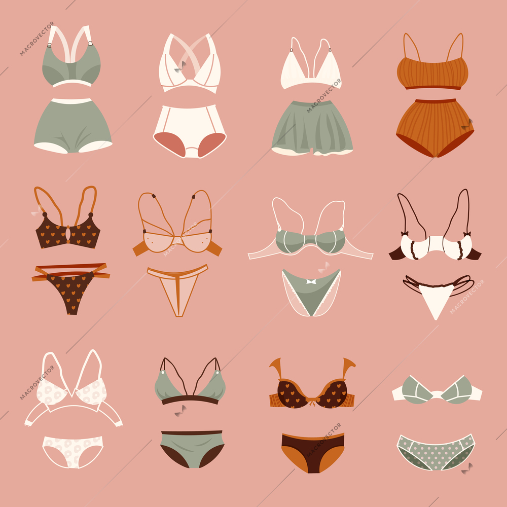 Lingerie color set with bra and panties symbols flat isolated vector illustration