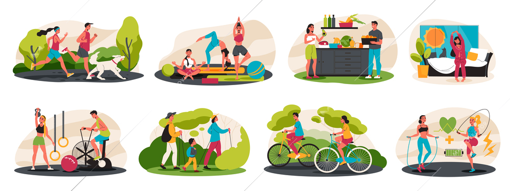 Healthy lifestyle concept set with fitness and walking symbols flat isolated vector illustration