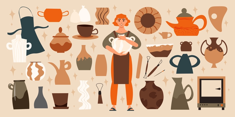 Pottery studio big set with traditional workshop symbols flat isolated vector illustration