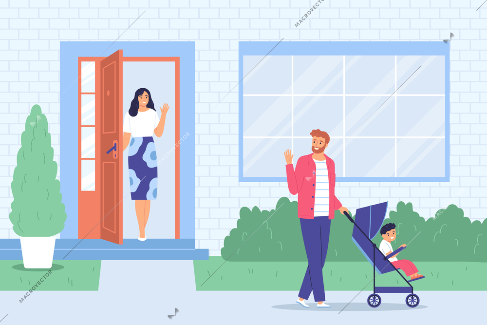 Husband leaving house to walk with child and waving to wife standing at front door flat vector illustration