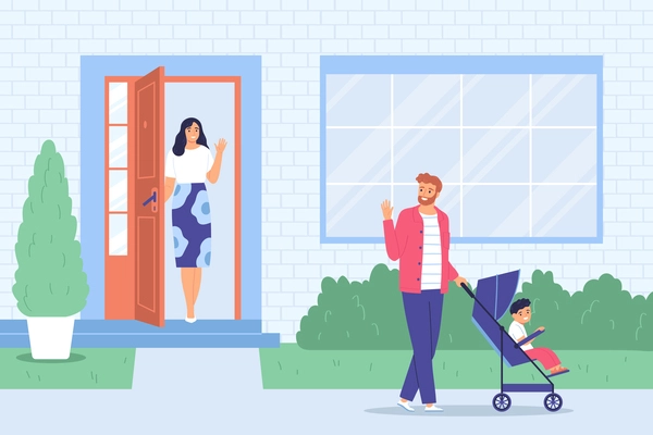 Husband leaving house to walk with child and waving to wife standing at front door flat vector illustration