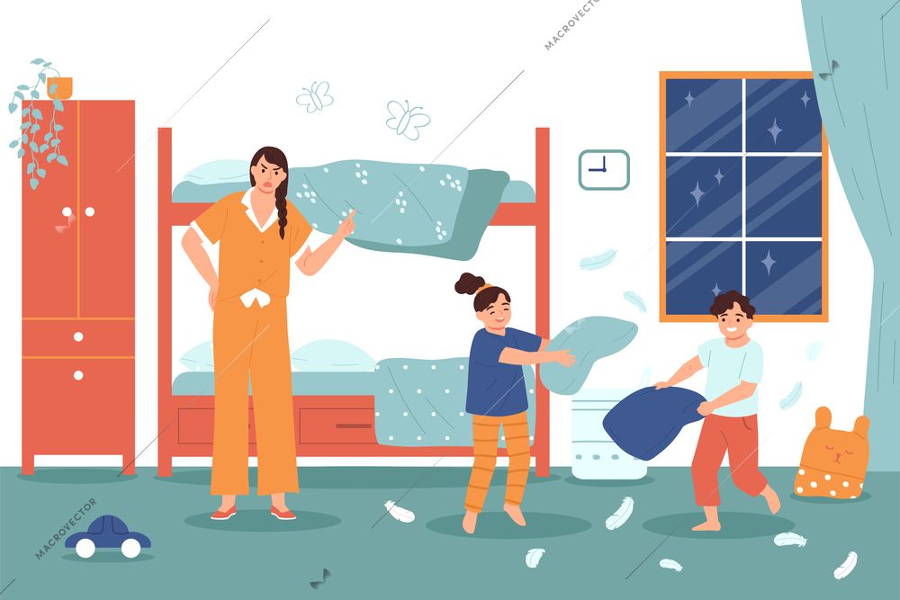 Angry mum scolding children for having pillow fight in bedroom flat vector illustration