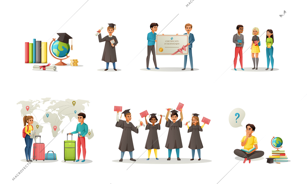 Set with isolated global education student exchange cartoon compositions with human characters education materials world map vector illustration