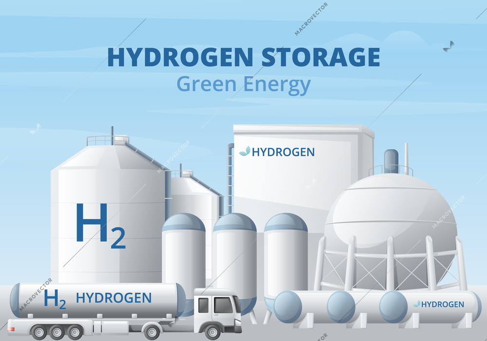 Green hydrogen energy fuel generation cartoon background composition with text and storage tanks with tanker truck vector illustration