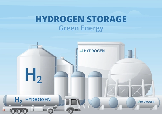 Green hydrogen energy fuel generation cartoon background composition with text and storage tanks with tanker truck vector illustration
