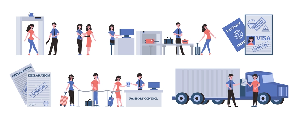 Customs control flat set with passengers passing through passport control in airport and trucker submitting declarations isolated vector illustration