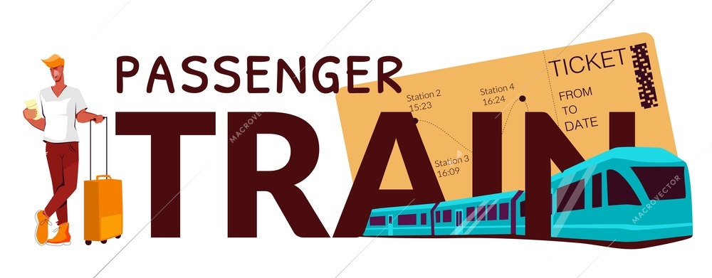 Passenger train flat text with modern high speed train passing through big letters vector illustration