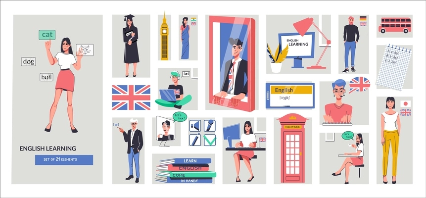 English learning flat composition consisting from separate rectangular illustrations of people studying  foreign language isolated vector illustration