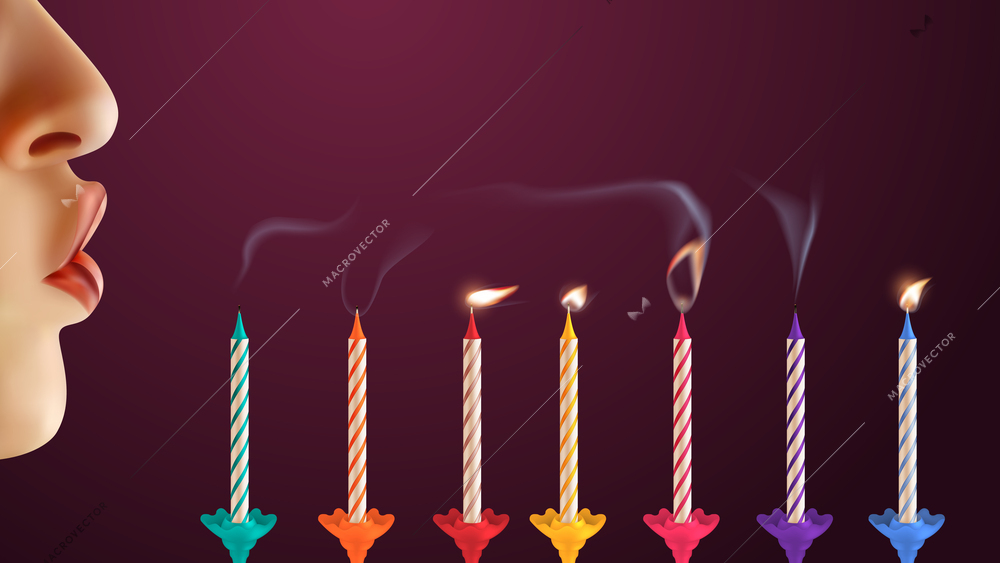 Person blowing out colorful birthday candles realistic color background vector illustration