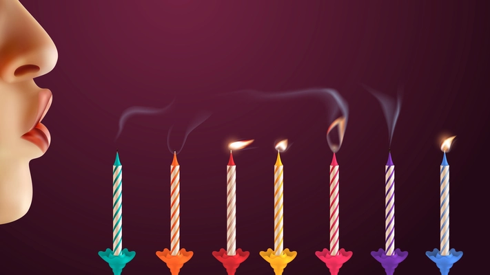 Person blowing out colorful birthday candles realistic color background vector illustration