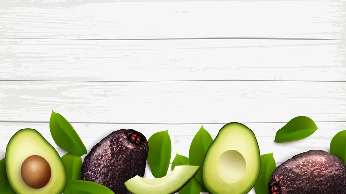 Fresh whole and sliced avocado with green leaves top view on wooden surface background realistic vector illustration