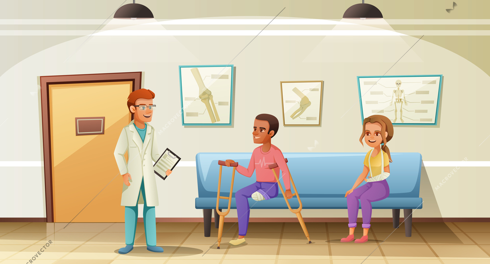 Disabled people man with amputated leg and woman with broken arm in waiting room with doctor cartoon vector illustration