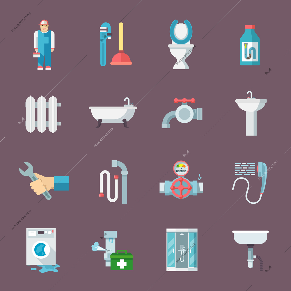 Pipeline plumbing and heating reparation service and  sink drain cleaning kit flat icons composition vector isolated illustration