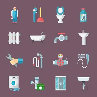 Pipeline plumbing and heating reparation service and  sink drain cleaning kit flat icons composition vector isolated illustration