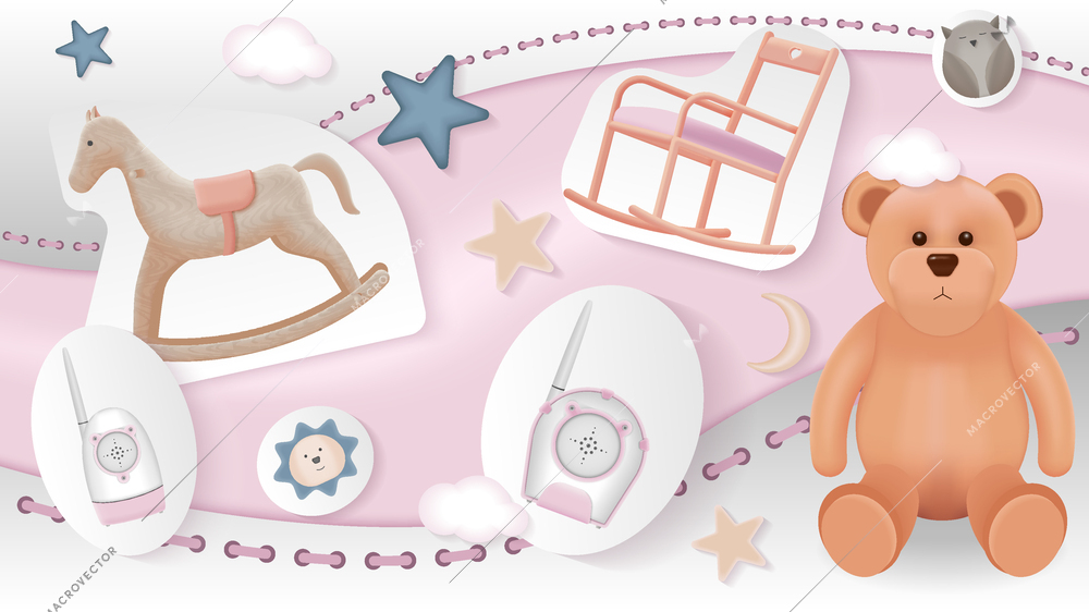 Baby room collage with realistic rocking horse teddy bear babyphone chair on colour background with clouds and stars vector illustration