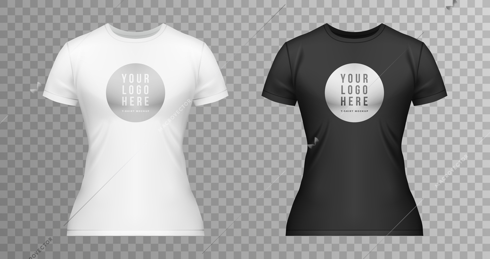 Realistic women t shirt mockup icon set womens white and black t shirts with the logo in the center vector illustration