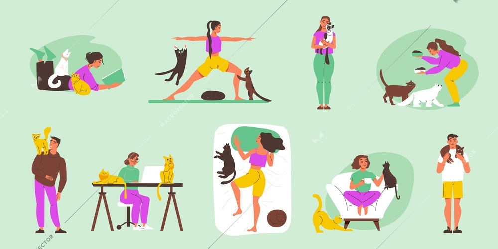 Cats lovers color set with playing symbols flat isolated vector illustration